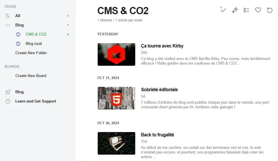Vue du flux RSS de CMS & CO2 dans un agrégateur de flux