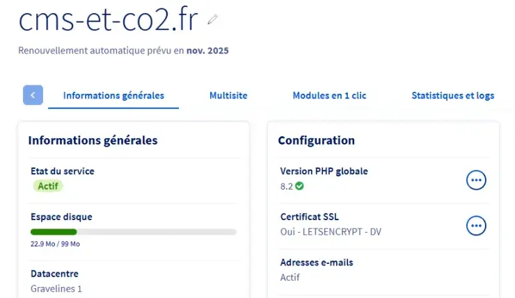 Ce site et son CMS occupent 22 Mo sur l'offre d'hébergement gratuite Start100M d'OVH