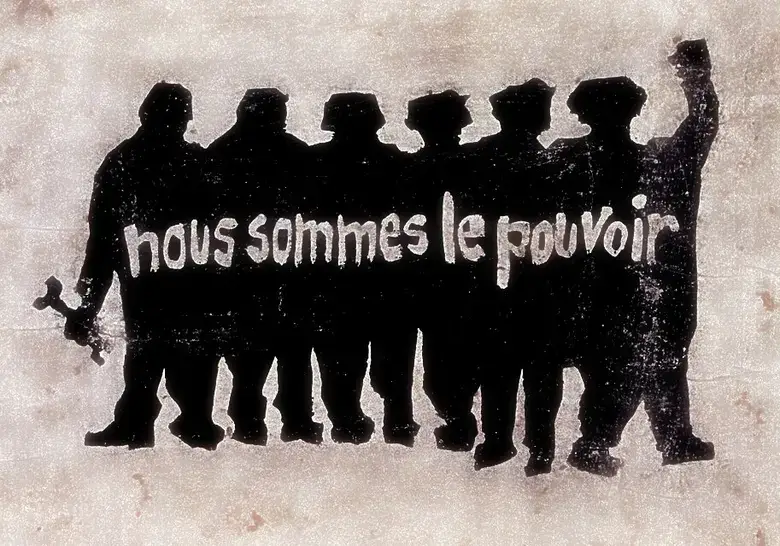 Des ouvriers en ombre chinoise avec le slogan "Nous sommes le pouvoir" sur une affiche de mai 1968