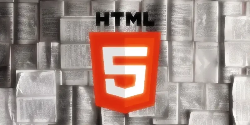 Logo HTML5 devant une multitude de pages imprimées